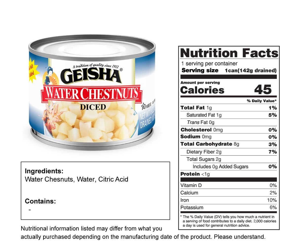 GEISHA Water Chestnuts Diced 8OZ. (Pack of 12), Water Chestnuts | Kosher Certified － No Salt & Sugar added － Gluten Free－Less than 100 Calories per Container