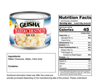 GEISHA Water Chestnuts Diced 8OZ. (Pack of 12), Water Chestnuts | Kosher Certified － No Salt & Sugar added － Gluten Free－Less than 100 Calories per Container