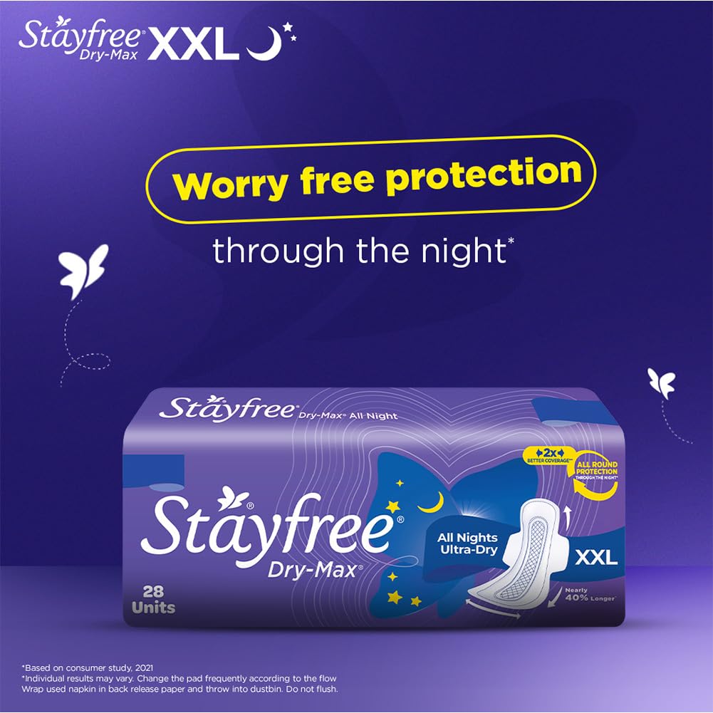Stayfree Dry Max All Night XL Dry Cover Sanitary Pads For Women With Wings, 28 Pads