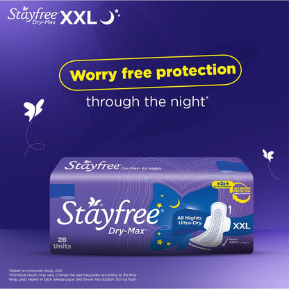 Stayfree Dry Max All Night XL Dry Cover Sanitary Pads For Women With Wings, 28 Pads
