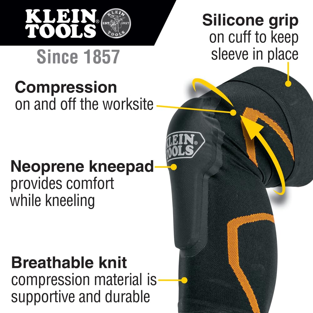 Klein Tools 60623 Knee Pad Compression Sleeve, Knee Support for Construction, Workers and Athletes, Black, M/L