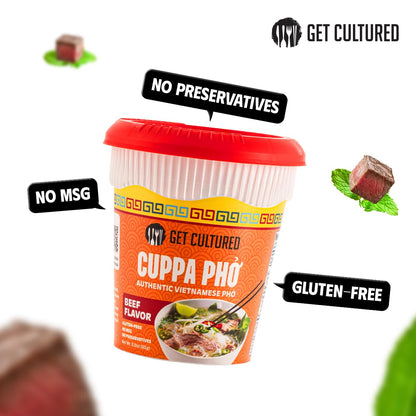 Get Cultured Instant Beef Pho Noodle Soup - Authentic Vietnamese Cuppa Pho with Spices & Dried Herbs | Premium Microwavable Noodle Soup, Gluten Free & Low Sodium 3.0 oz (6-Pack)