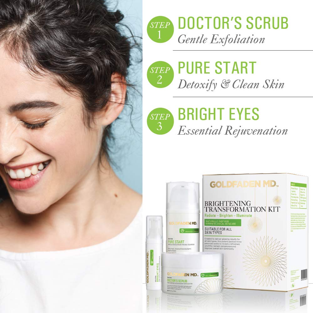GOLDFADEN MD Brightening Transformation Kit | Advanced Skin Care Regime For Face | Includes Doctors Scrub Microdermabrasion Exfoliator, Pure Start Cleanser & Bright Eyes Eye Cream | 3 Pc Set