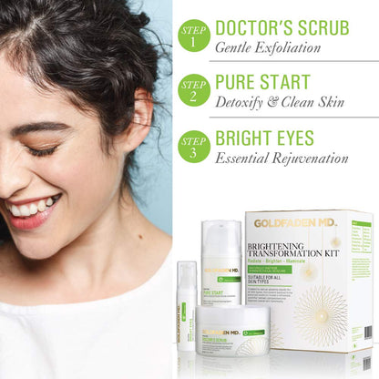 GOLDFADEN MD Brightening Transformation Kit | Advanced Skin Care Regime For Face | Includes Doctors Scrub Microdermabrasion Exfoliator, Pure Start Cleanser & Bright Eyes Eye Cream | 3 Pc Set