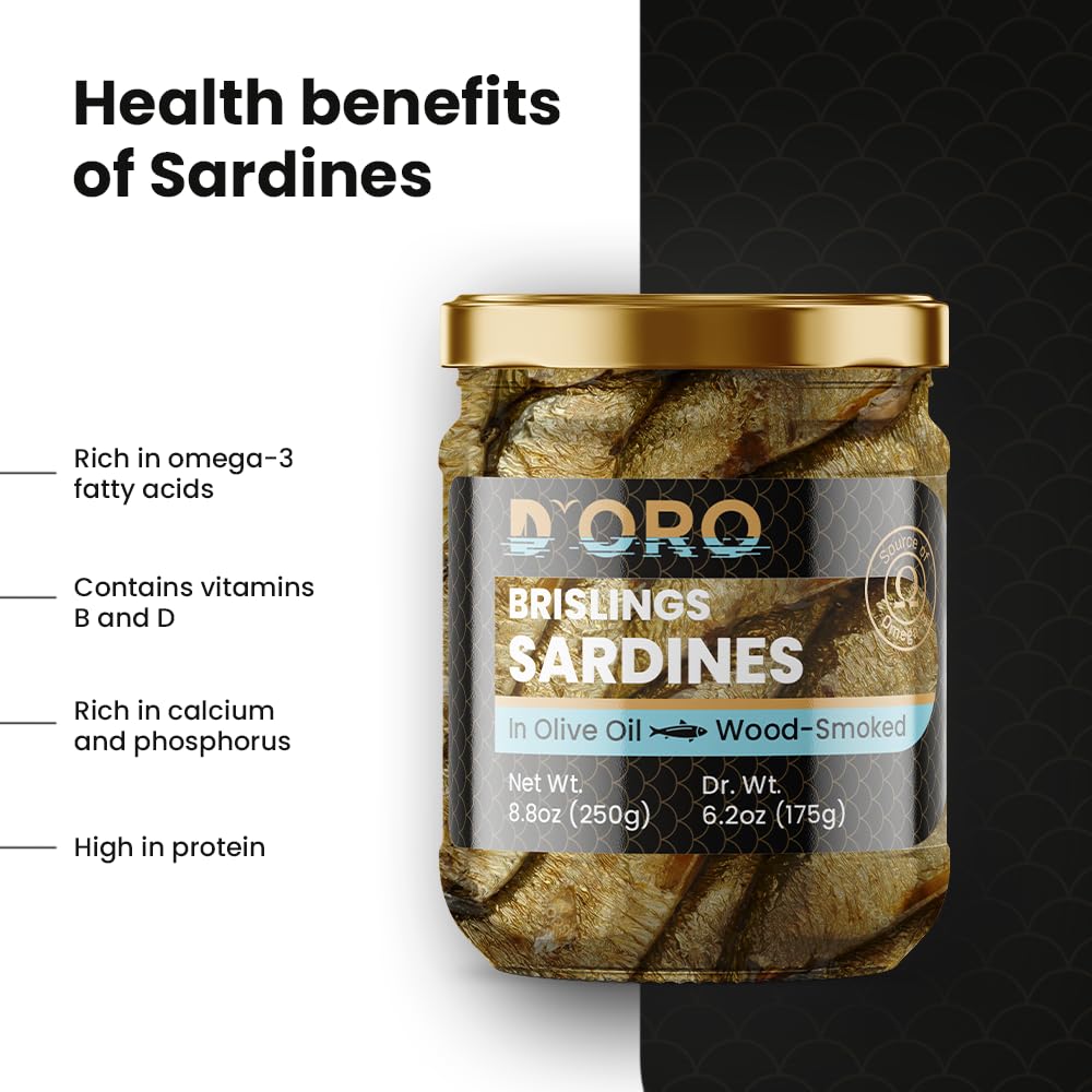 D’ORO Premium Smoked Brisling Sardines (Sprats), 26.4oz (3 × 8.8oz) – Wild-Caught, 1180mg Omega-3 per Serving, Pack of 3 Glass Jars