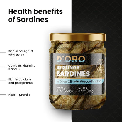 D’ORO Premium Smoked Brisling Sardines (Sprats), 26.4oz (3 × 8.8oz) – Wild-Caught, 1180mg Omega-3 per Serving, Pack of 3 Glass Jars