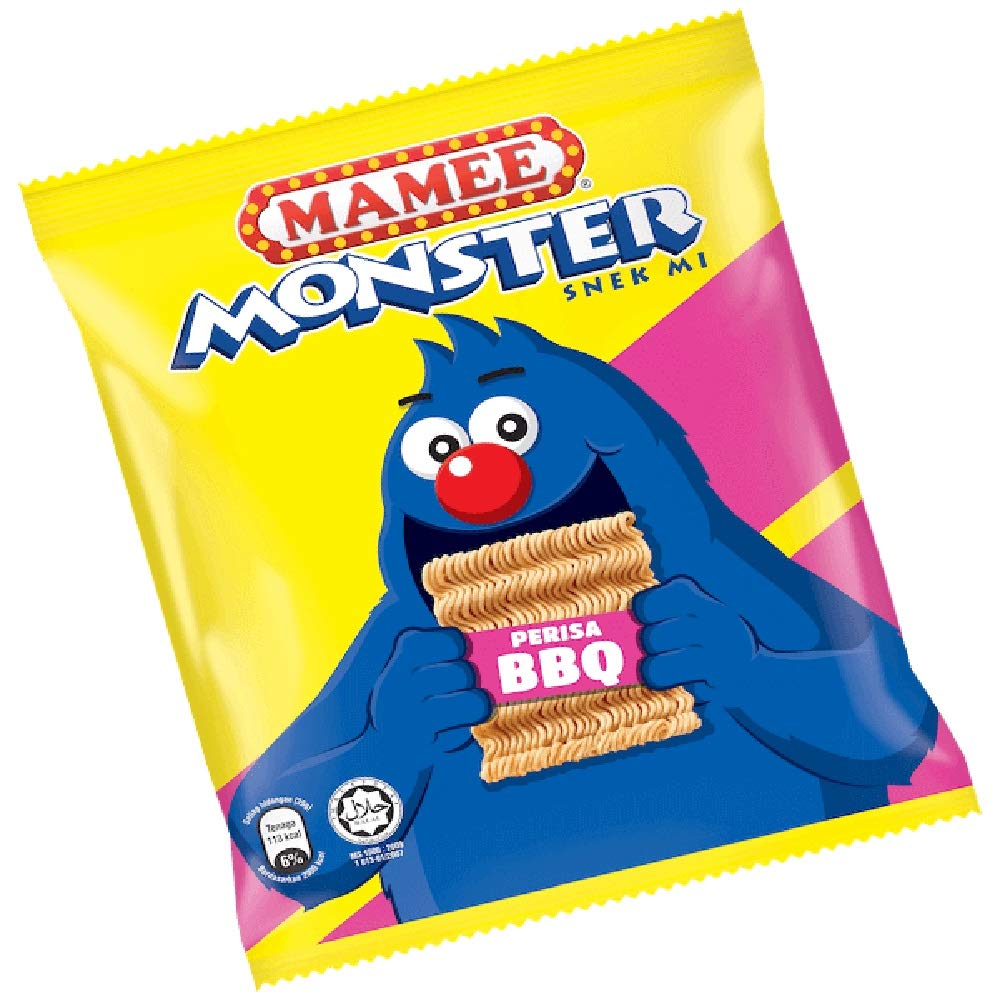 Mamee Malaysia Mamee Monster Chicken BBQ Spicy Pedas Flavour Instant Noodles Tea Time Snack Food Halal Ayam Pedas 7.05oz 1 Pack x 200g (8 Packs) (BBQ)