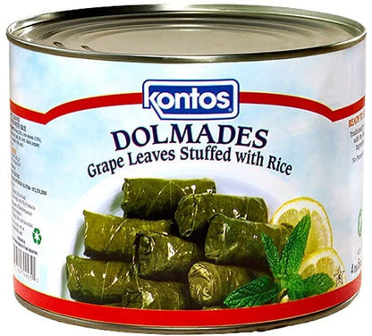 Kontos Dolmas Stuffed Grape Leaves with Rice • Bulk 4lbs•60 Dolmades Per Can-(Perfect appetizers on a Mezze Platter-Charcuterie Board-w/ hummus, tzatziki sauce or dip)-Ready To Eat-Kosher-Vegan Snacks On The Go