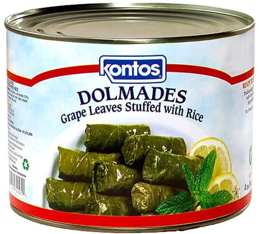 Kontos Dolmas Stuffed Grape Leaves with Rice • Bulk 4lbs•60 Dolmades Per Can-(Perfect appetizers on a Mezze Platter-Charcuterie Board-w/ hummus, tzatziki sauce or dip)-Ready To Eat-Kosher-Vegan Snacks On The Go