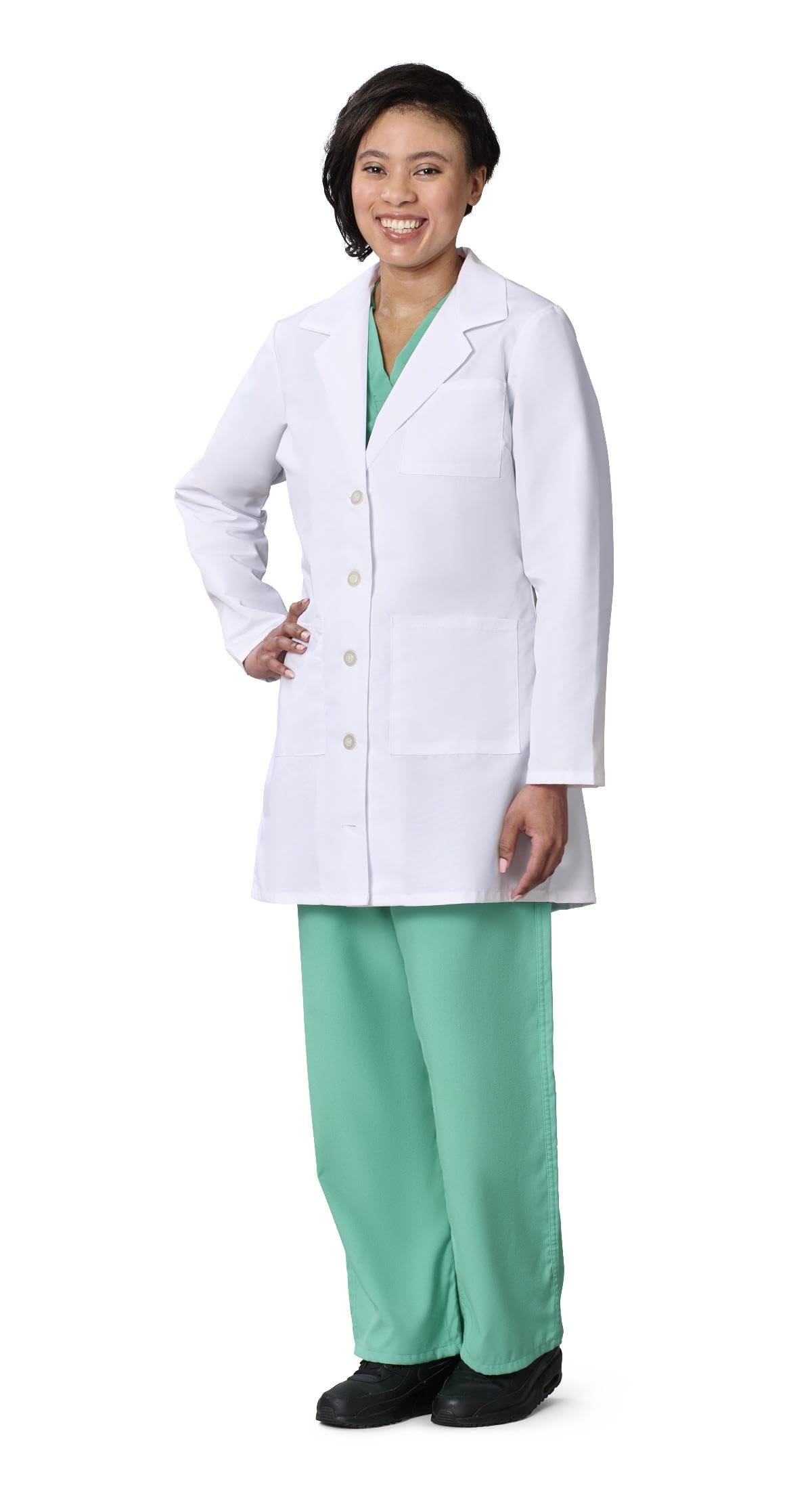Medline Women's Lab Coat, Staff Length, 5-Button Front with Long Sleeves, 3 Functional Pockets & Reinforced Pen Pocket, Professional Medical Coat for Women, White, Small, 1 Count
