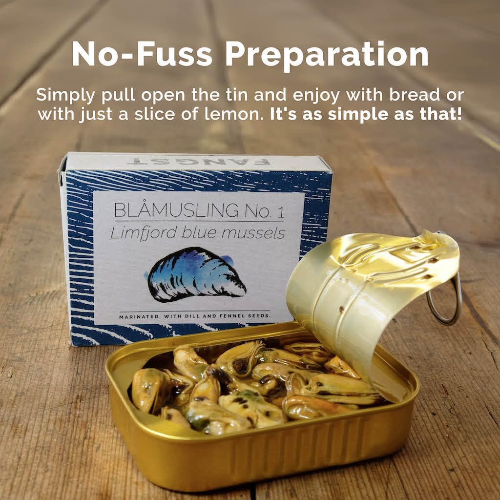 Fangst Blamuslinger No. 1 | Tinned Limfjord Blue Mussels Marinated with Dill and Fennel Seeds in Cold Pressed Rapeseed Oil | 3 x 110g Can