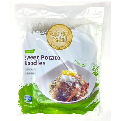 Four Elephants Sweet Potato Glass Noodles 35 oz (1kg), Family Value, Vegan, Gluten-Free & Non-GMO Korean Vermicelli for Japchae, Stir-Fry, Hot Pot, and Asian Cooking