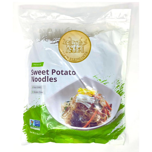 Four Elephants Sweet Potato Glass Noodles 35 oz (1kg), Family Value, Vegan, Gluten-Free & Non-GMO Korean Vermicelli for Japchae, Stir-Fry, Hot Pot, and Asian Cooking
