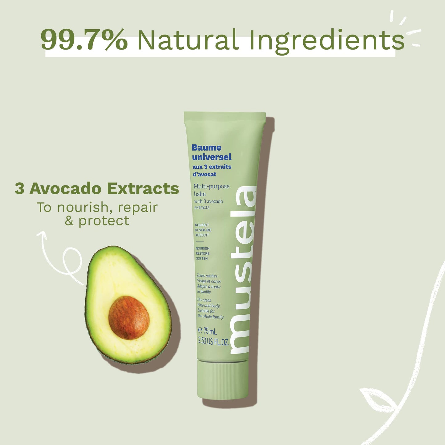 Mustela Multi-purpose Balm with 3 Avocado Extracts - Natural Cream Moisturizer for Face, Lip, Hand, Body & Dry Areas - For Baby, Kid & Adult - EWG Verified, Fragrance-Free & Vegan - 2.53 fl. oz.
