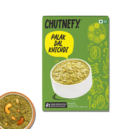 Chutnefy Palak Dal Khichdi (Loaded with Spinach, Ghee and Nuts) | 1.8oz (Dry) | Serves 1 - 2 (Add Hot Water to Make 7.8 oz) | Ready to Eat Instant Meal | No Cooking Needed | No Artificial Ingredients