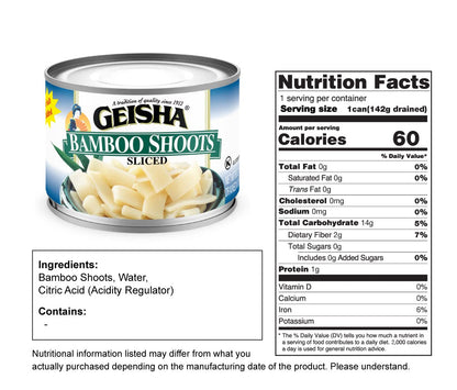 GEISHA Bamboo Shoots Sliced 8OZ. (Pack of 12), Bamboo Shoots | Kosher Certified － No Salt & Sugar added － Gluten Free－Less than 100 Calories per Container