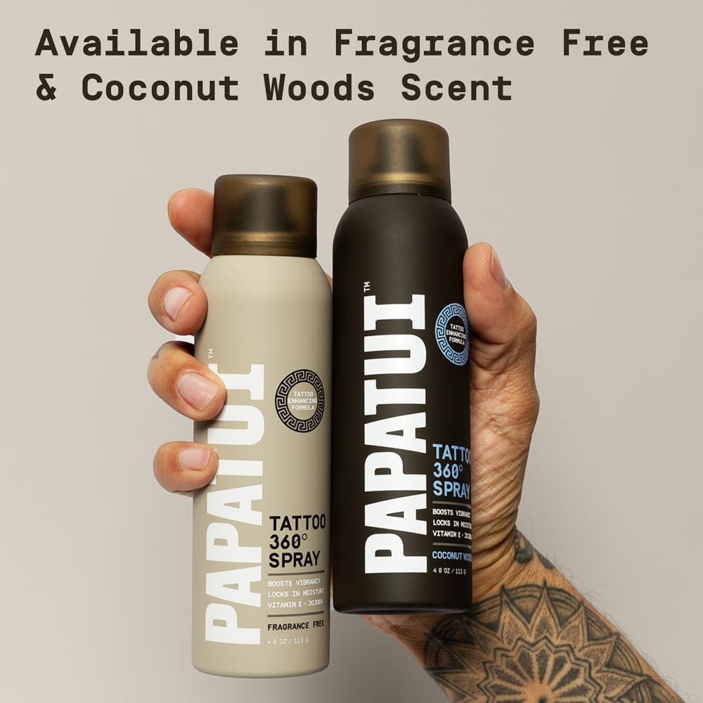PAPATUI by Dwayne Johnson 360° Tattoo Spray | Revitalize, Protect and Brighten Tattoos | Non-Greasy, Fast-Absorbing Formula | Made with Vitamin E | Coconut Woods | 4oz