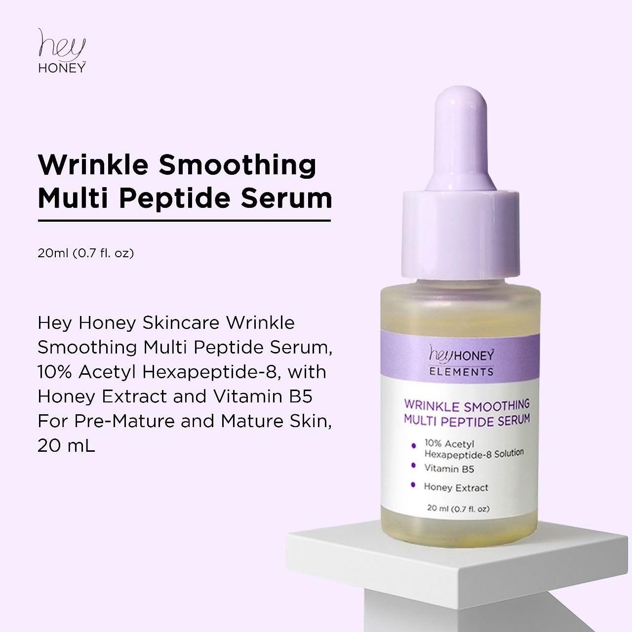 Hey Honey Wrinkle-Smoothing Multi-Peptide Serum | 10% Acetyl Hexapeptide-8 + Honey Extract & Vitamin B5, Visibly Reduce Fine Lines & Expression Wrinkles | 0.67 fl oz (20 mL)
