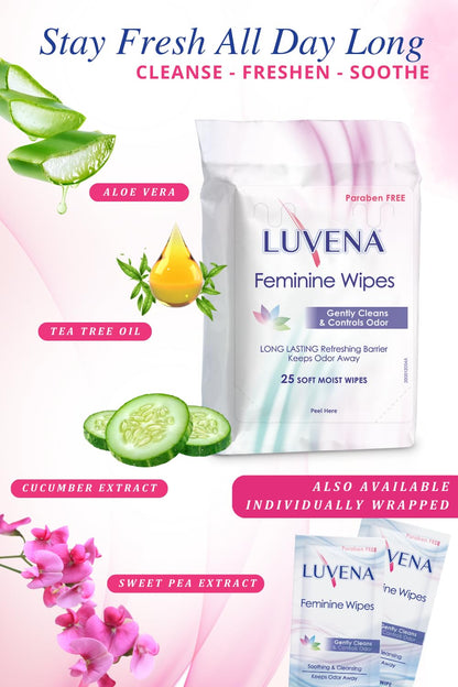 Luvena Feminine Wipes for Women — pH Balanced, Dermatologist Tested, Gentle Intimate Cleansing Cloths, Cucumber Scented, Travel Size (25 Count, 1 Pack)
