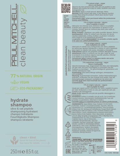 Paul Mitchell Clean Beauty Hydrate Shampoo, Replenishes Hair, Adds Moisture, For Dry Hair
