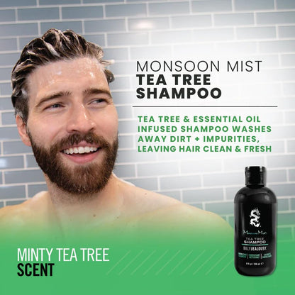 Billy Jealousy Monsoon Mist Tea Tree Energizing Men's Shampoo with Peppermint & Rosemary, Removes Oil Build-up and Soothes Scalp Itch & Irritation, 8 Oz.