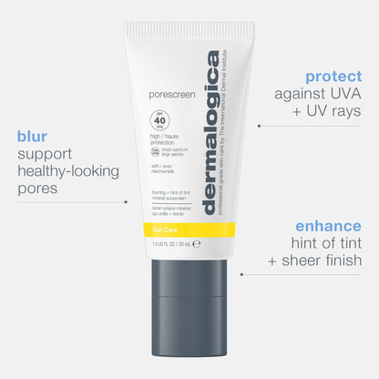 Dermalogica Porescreen Mineral Sunscreen SPF 40 for Face, Sun Protector and Pore Supporting Primer with Zinc Oxide, Multitasking Premakeup Sunblock - 1 fl oz
