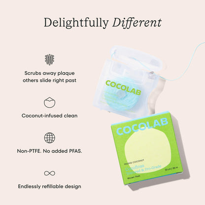 Cocolab Woven Dental Floss, Dentist-Designed Oral Care, Coconut Scent, Waxed, Expanding, Vegan, Kid-Friendly String Floss with Coconut Oil, 1 Spool (33 yd)