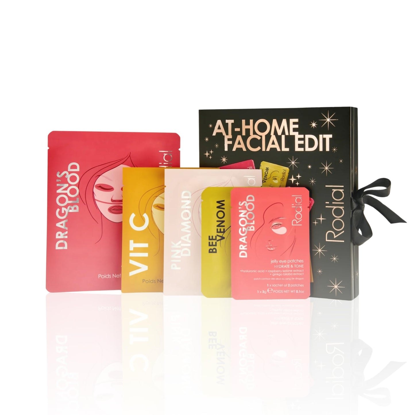 Rodial At Home Facial Edit - Mask Gift Set with Dragons Blood Hyaluronic Jelly Mask, Pink Diamond and Vit C Sheet Masks & 2 Eye Patch Sets - Hydrating & Brightening