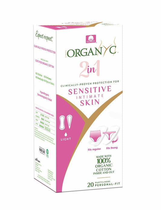 Organyc 100% Certified Organic Cotton 2 in 1 Panty Liners for Women Fits Thong or Regular Underwear, Light Flow, 20 Count
