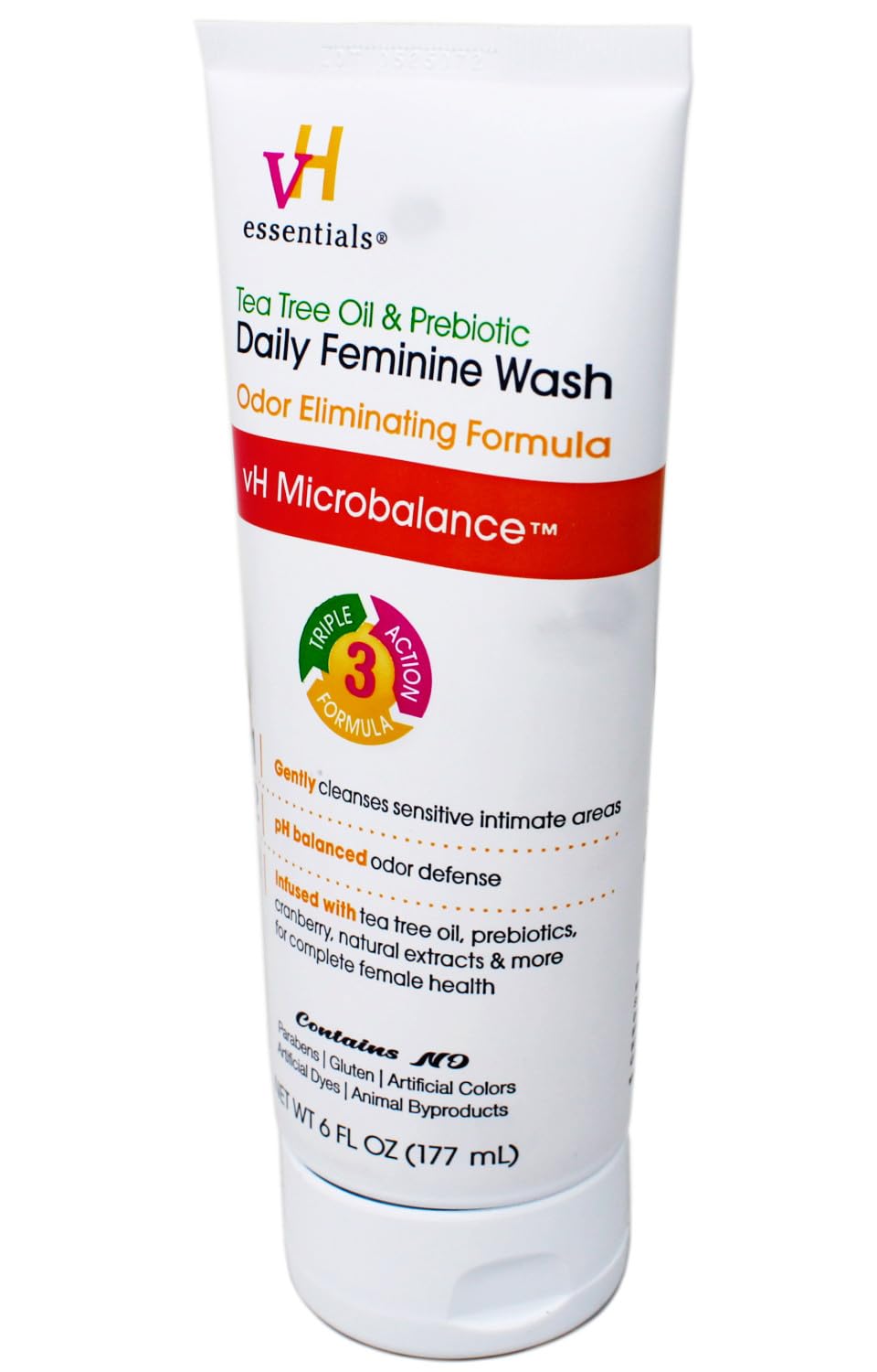 vH essentials Intimate Feminine Wash, pH Balanced with Tea Tree Oil, Cranberry, Prebiotics Odor Eliminating Formula, 6 FL OZ - 3 Pack