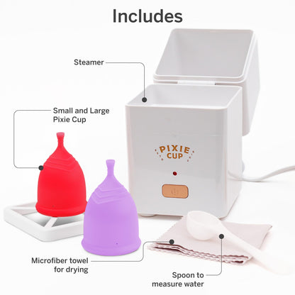 Pixie Menstrual Cups with Sterilizer - The Most Comfortable Soft Reusable Period Cup - Kills 99.9% of Germs with Clean Steam - Wash Your Cup in 3 Minutes! - Compact Sanitizer Kit for Feminine Care