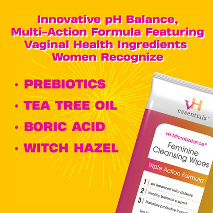 vH essentials Probiotics with Prebiotics and Cranberry Feminine Health Supplement Capsules (544-36) & pH Balanced Feminine Cleansing Wipes with Prebiotics, Tea Tree & Aloe