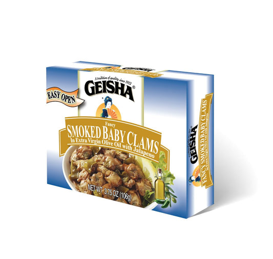 GEISHA Smoked Baby Clams in Extra Virgin Olive Oil with Jalapeno 3.75oz (Pack of 12), Baby Clams| Gluten Free – No Sugar Added – Wild Caught – Good Source of Protein