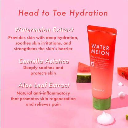 TONYMOLY Watermelon Dew All Over Body & Face Serum, Hydrating Serum for Glowing Skin, Korean Skincare, Watermelon Extract, Aloe Leaf Extract & Centella Asiatica, All Skin Types