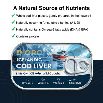 D’ORO Icelandic Cod Liver in Its Own Oil – Silky & Delicate – Wild-Caught – Omega-3 (DHA & EPA) – High in Vitamin D – 4.27oz (121g), Pack of 12