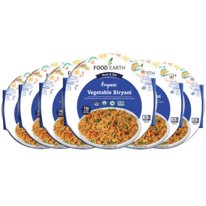 Food Earth Ready to Eat Vegetable Biryani – Organic, Vegan, Gluten-Free Indian Meal – Microwavable, Plant-Based Prepackaged Lunch – 8.81 oz Each (Pack of 6)