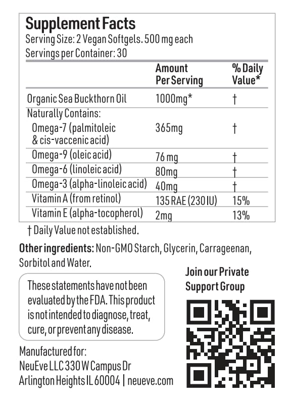 NeuEve Feminine Moisture Support Supplements with Sea Buckthorn Oil, Omega-7 for Vaginal Dryness, pH Balance & Moisture | 60 Vegan Softgels | 1-Month Supply