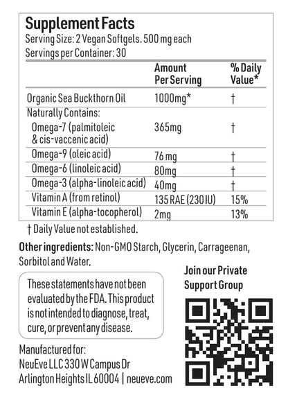 NeuEve Feminine Moisture Support Supplements with Sea Buckthorn Oil, Omega-7 for Vaginal Dryness, pH Balance & Moisture | 60 Vegan Softgels | 1-Month Supply