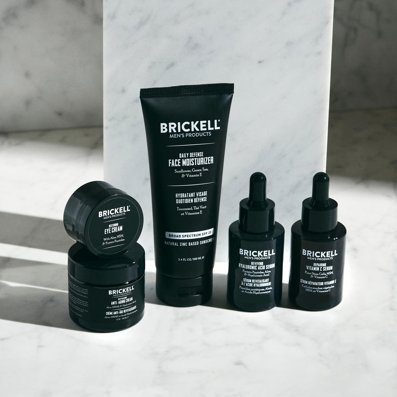 Brickell Men's Complete Defense Anti Aging Routine, Night Face Cream, Vitamin C Day and Night Serum, Facial Moisturizer w/SPF and Eye Cream, Natural and Organic, Unscented
