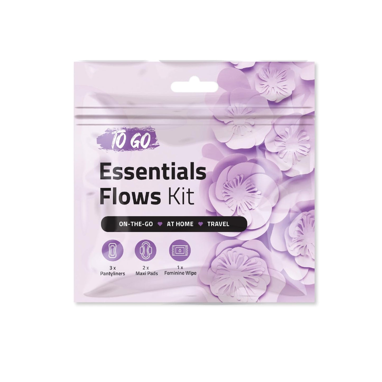 Essential Flows Kit with 3 Pantiliners, 2 Maxi Pads & 1 Feminine Wipe – Light Daily Period Care for Women & Girls – Travel Hygiene Pack (Purple) (1)