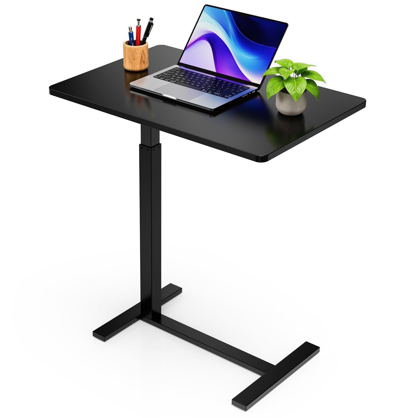 Overbed Bedside Table with Hidden Casters, Adjustable Pneumatic Mobile Laptop Computer Standing Desk, Rolling Laptop Table, Movable Overbed Table Hospital Home Use, Black