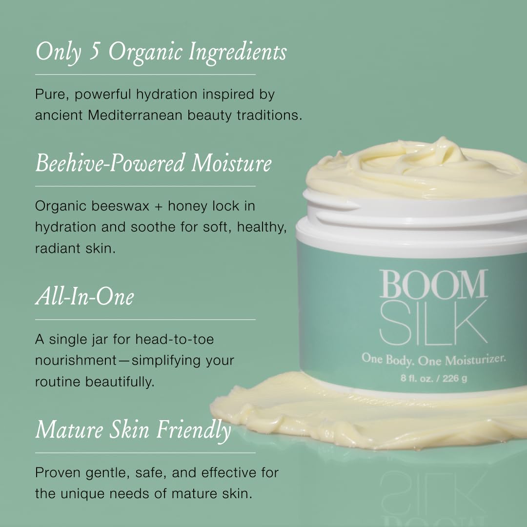 Boomsilk ® Face Moisturizer Cream, Rejuvenating Face Lotion & Facial Moisturizer for Mature Skin with Olive Oil, Beeswax & Honey, Hydrating Body Lotion for Women, Boom Beauty by Cindy Joseph, 8 oz