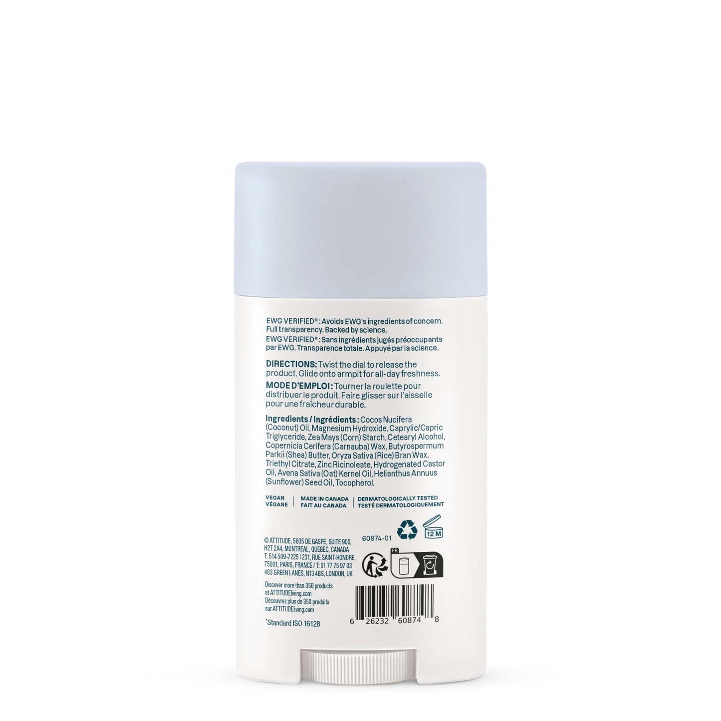 ATTITUDE Deodorant for Sensitive Skin, Aluminum Free & Baking Soda Free, Gentle & Vegan, Long-Lasting Odor Protection, Unscented, 2.64 Oz