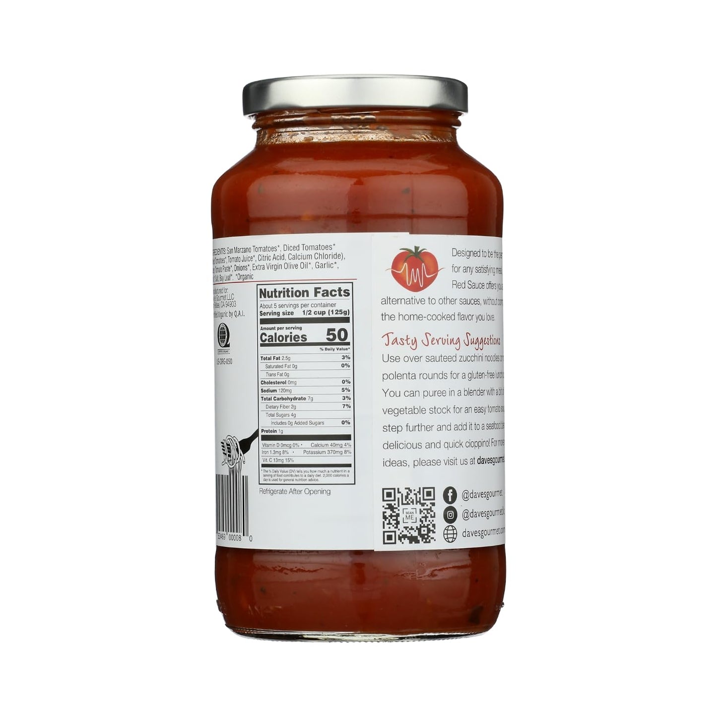 Dave's Gourmet Organic Simply Red Sauce - Non GMO, Vegan, Gluten Free Tomato Sauce