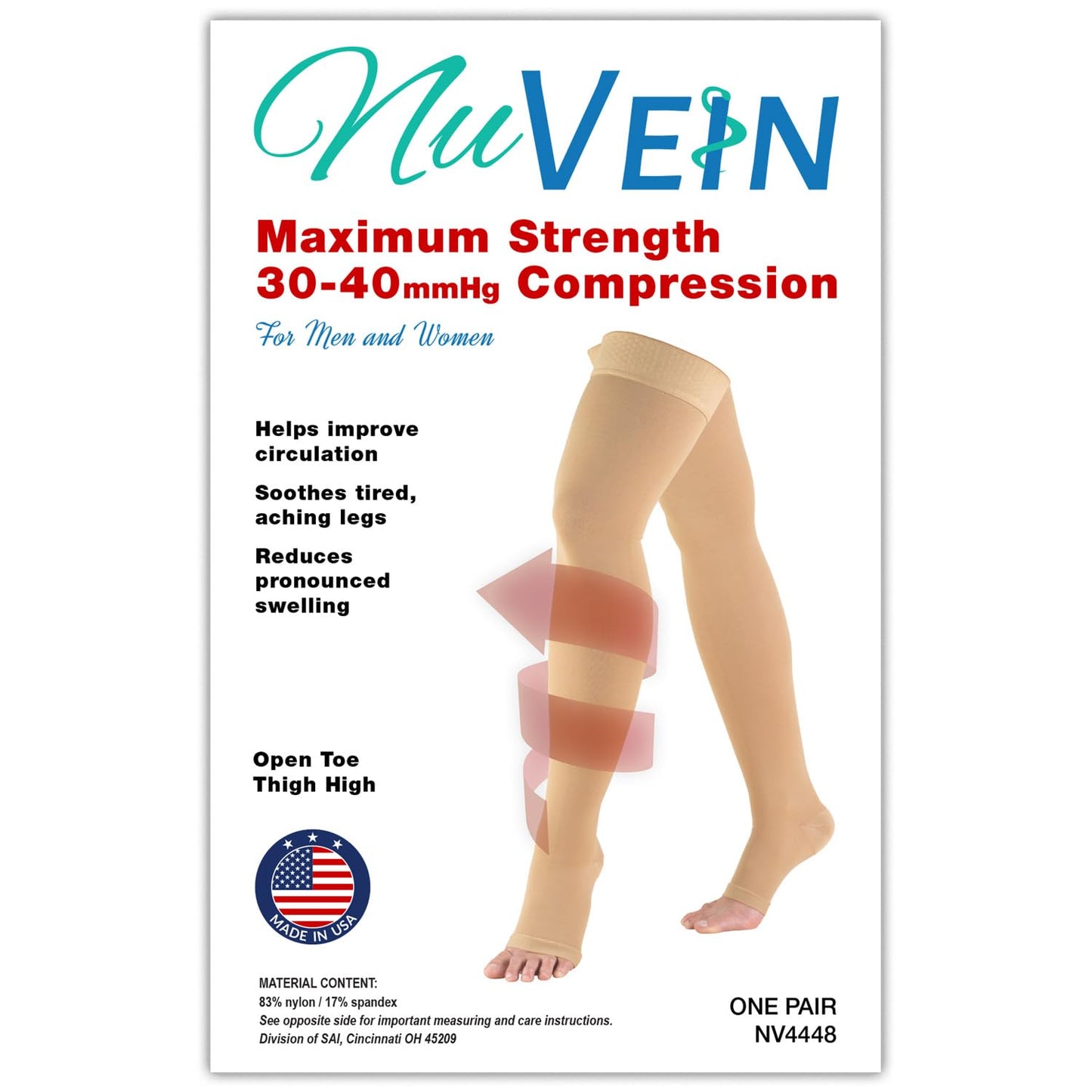 NuVein Medical Compression Stockings, 30-40 mmHg Support, Women & Men Thigh Length Hose, Open Toe, Black, Medium