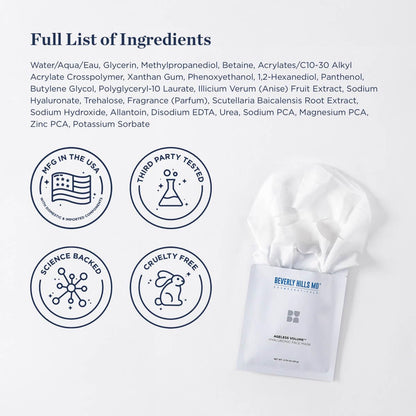 Beverly Hills MD Ageless Volume Hyaluronic Face Mask- Reduce Appearance of Wrinkles, Anti Aging Formula for Plump, Moisturized Skin- 8 Pack- Hydrating & Firming Gentle Sheet Mask