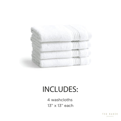 Ted Baker 4-Pack Washcloth Set - 100% Cotton - Soft, Highly Absorbent - 13" x 13", White