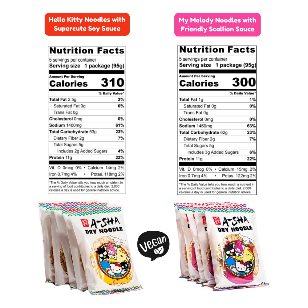 Hello Kitty x A-Sha Healthy Ramen Noodle Variety Pack (4 Flavors, 20 Count), Vegan, Air-Dried, 11g of Plant-Based Protein