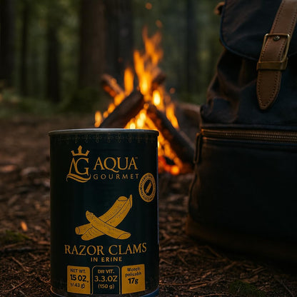 Aqua Gourmet Premium Razor Clams in Brine, Chilean Patagonian Shellfish, 15 oz Can.