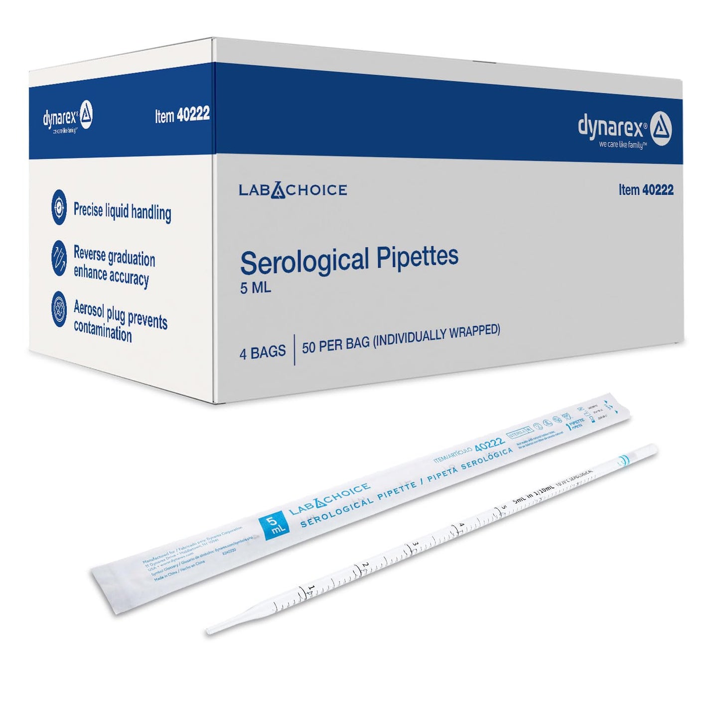 LabChoice Serological Pipettes - 200 Count - Plastic Disposable Sterile Pipettes, Individually Packed Graduated Transfer Pipette for Laboratory Use - 5mL, Blue